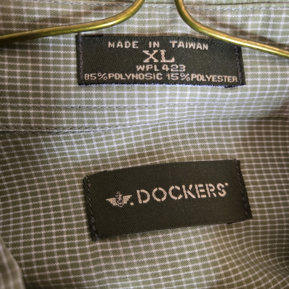 Dockers Mens XL Sage Green Micro Check‎ Button Down Shirt Long Sleeve Polynosic - Picture 2 of 6